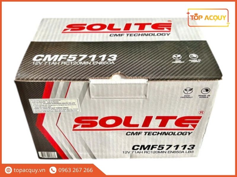 Vỏ hộp carton ắc quy Solite CMF57113 dung lượng 71Ah dòng phóng EN650A chính hãng nhập khẩu