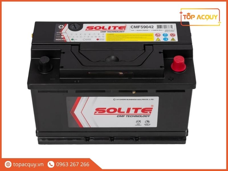 Chi tiết cấu trúc mặt nắp bình ắc quy Solite DIN90 CMF59042 dung lượng 90Ah RC170MIN dòng khởi động EN680A