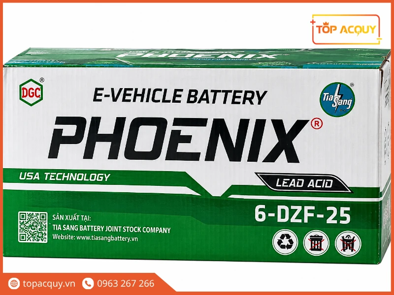 Vỏ hộp bao bì chính hãng ắc quy xe điện Phoenix 6-DZF-25 Tia Sáng
