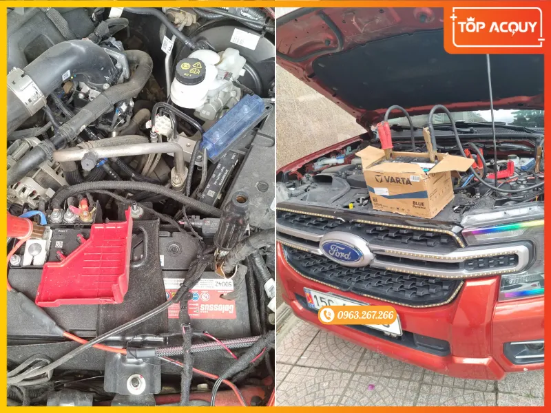 Chuyên viên TOPACQUY tiến hành câu bình ắc quy cho xe Ford Ranger tại Sơn Tây