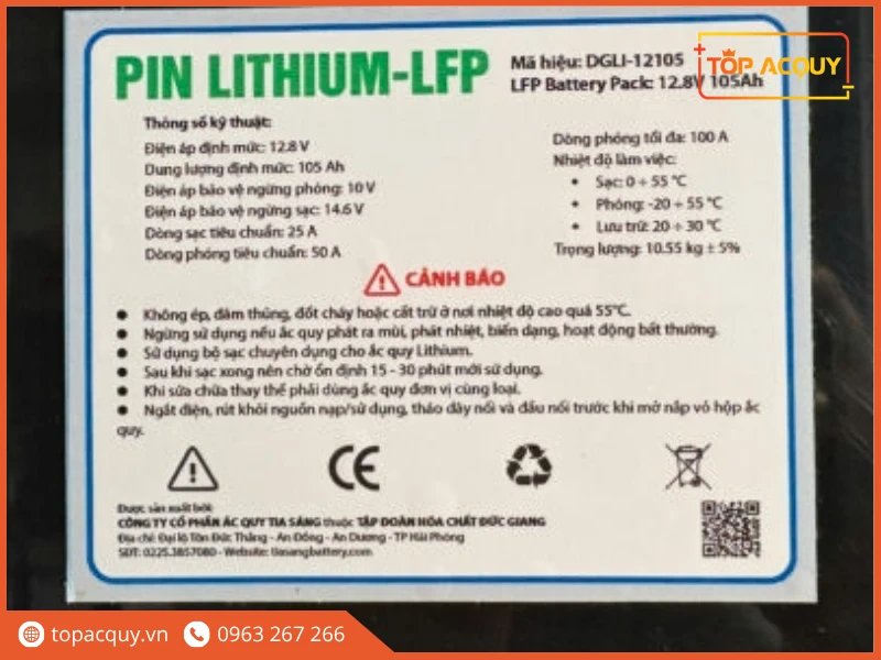 Tem thông số kỹ thuật pin Lithium-LFP DGLI-12105 chính hãng Tia Sáng