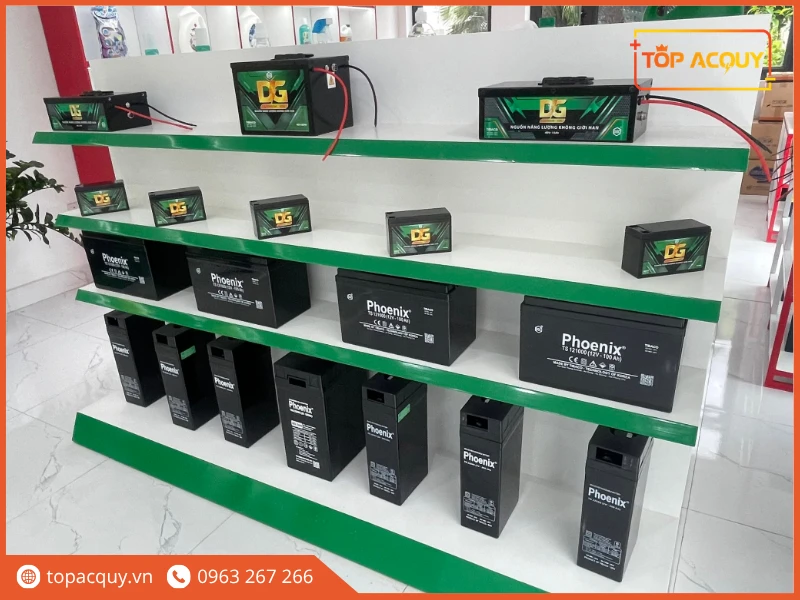 Kệ trưng bày các dòng pin Lithium và ắc quy công nghiệp Đức Giang