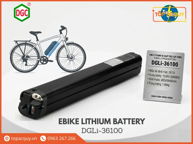 Thông số kỹ thuật pin Lithium DGLI-36100 gắn trên xe đạp trợ lực