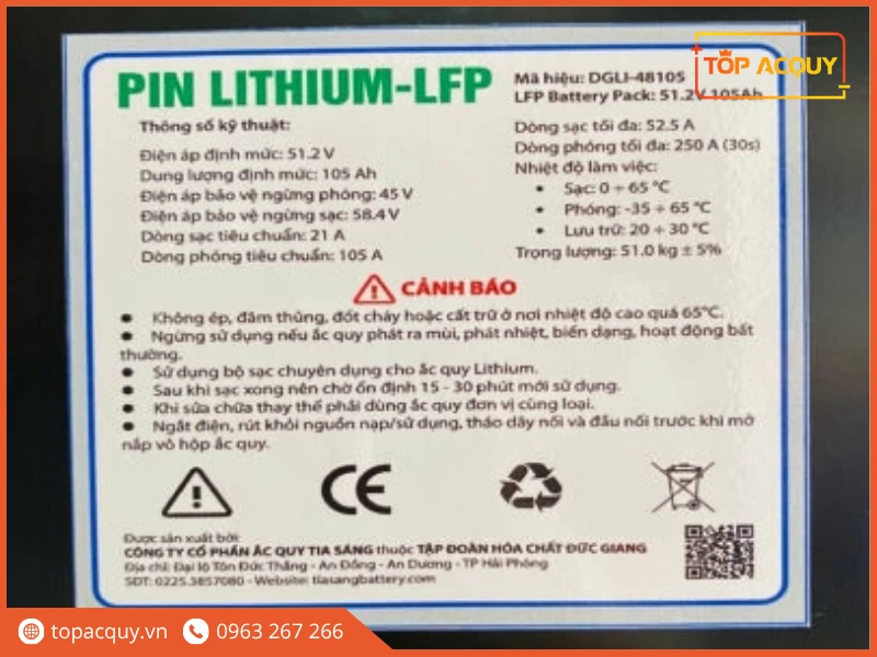 Tem thông số kỹ thuật pin Lithium DGLI-48105 chính hãng Tia Sáng 51kg