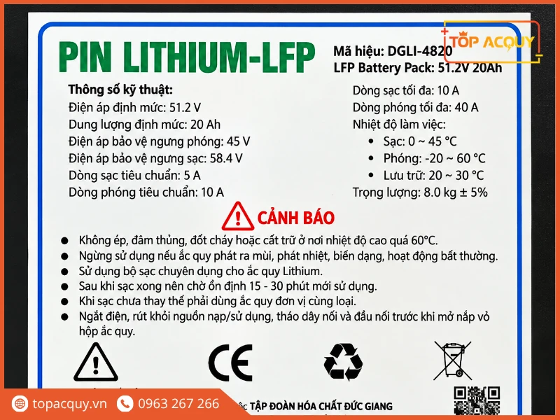 Tem thông số kỹ thuật pin Lithium DGLI-4820 chính hãng Tập đoàn Đức Giang