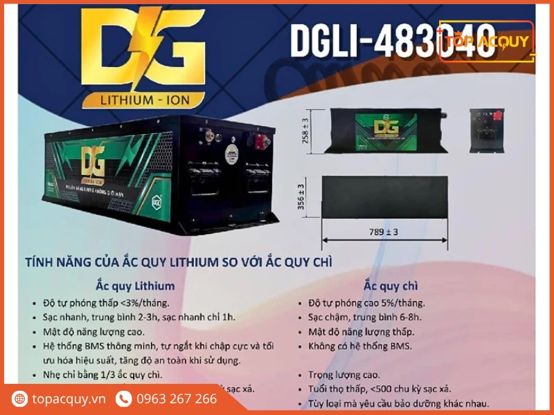 Bản vẽ kích thước và thông số kỹ thuật pin Lithium DGLI-48304