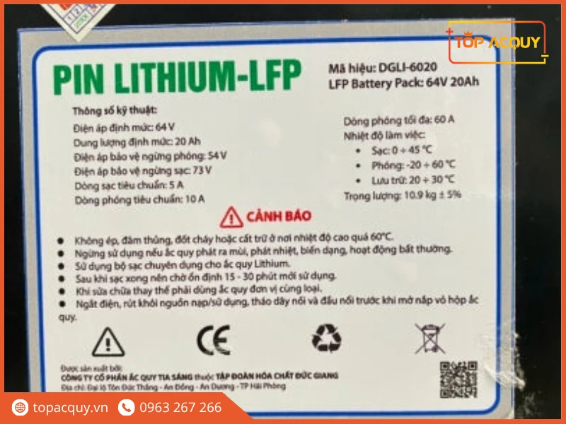 Tem thông số kỹ thuật pin Lithium DGLI-6020 chính hãng Đức Giang