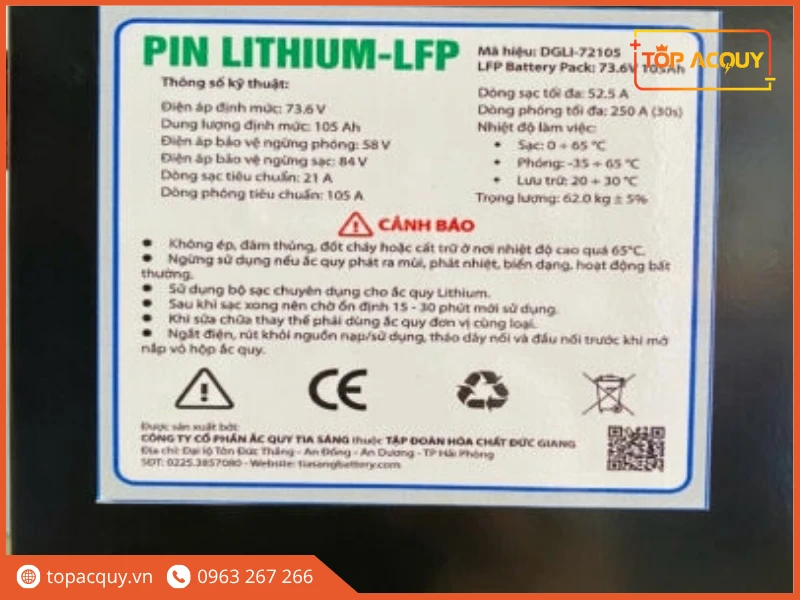 Tem thông số kỹ thuật pin Lithium DGLI-72105 chính hãng Đức Giang