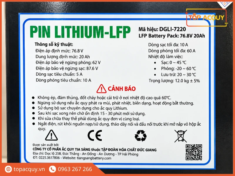 Tem thông số kỹ thuật pin Lithium DGLI-7220 chính hãng Đức Giang