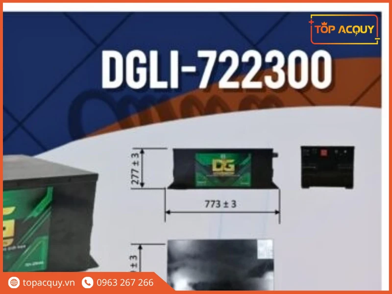 Bản vẽ kích thước hình học khối pin Lithium DGLI-722300 chính hãng