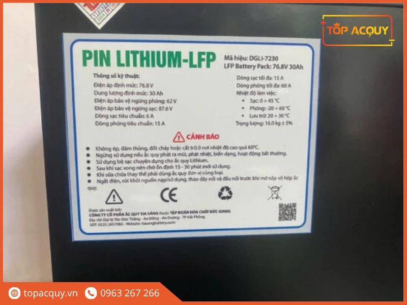 Tem thông số kỹ thuật pin Lithium DGLI-7230 76.8V 30Ah chính hãng Tia Sáng