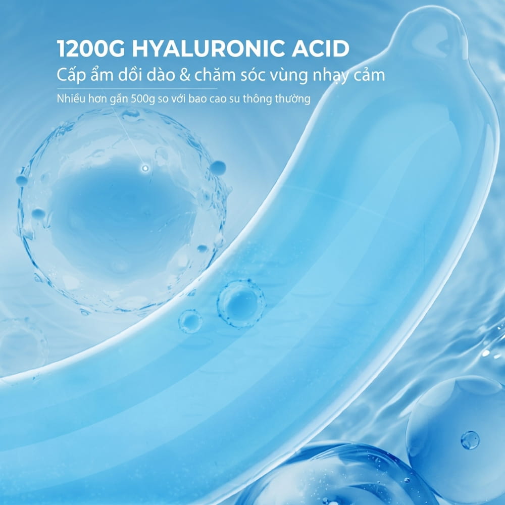 Ưu điểm mỏng 0.02mm và 1200mg gel HA của bao cao su JIUUY 002 Water Moisture