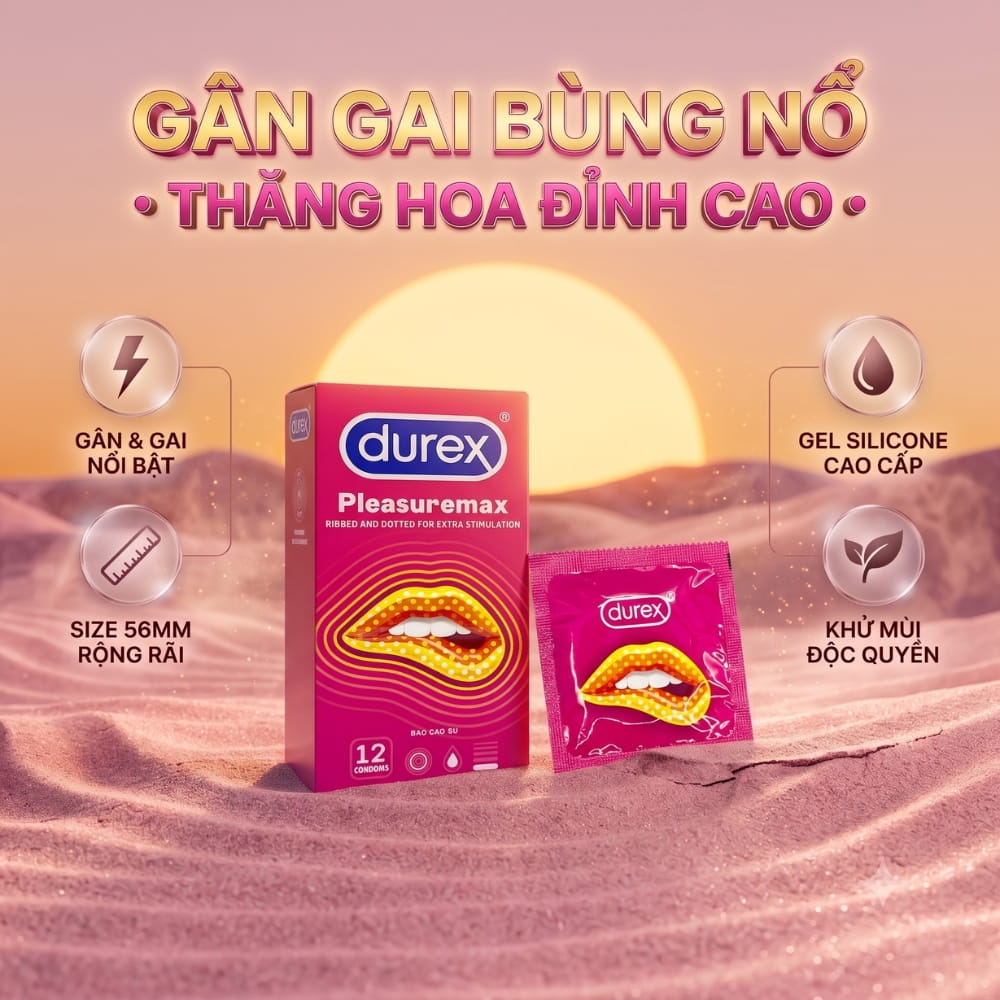 Thông số kích thước size 56mm và cấu trúc gân điểm nổi của bao cao su Durex Pleasuremax