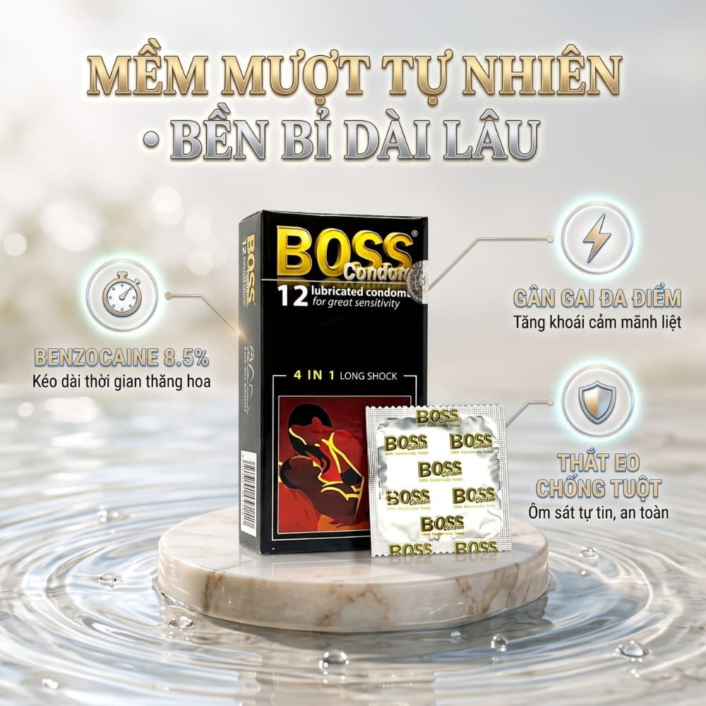 Thông số kích thước và chất liệu bao cao su Boss 4 in 1 Long Shock
