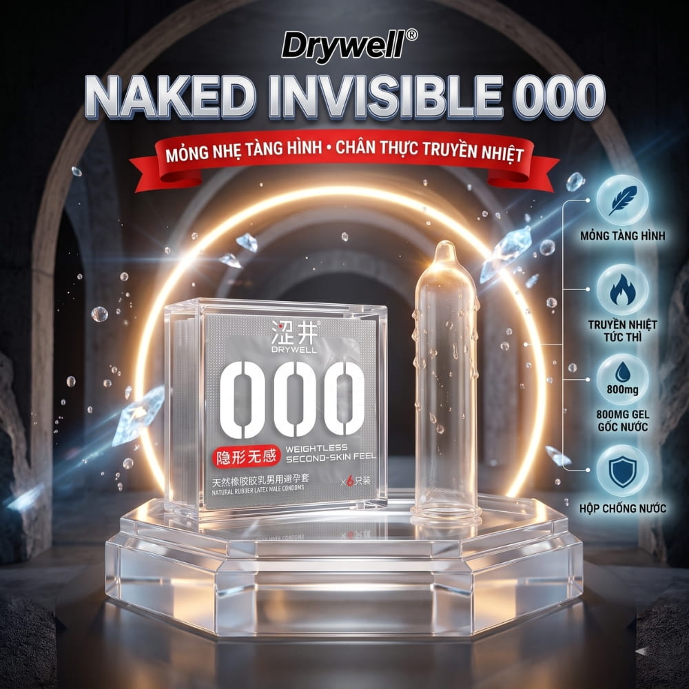 Bao cao su DryWell Naked Invisible 000 siêu mỏng hộp 6 chiếc chính hãng Nhật Bản