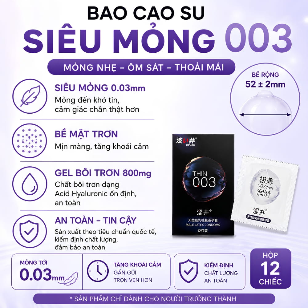 Thông số kích thước size 52mm và độ mỏng 0.03mm của bao cao su DryWell Ultra Thin 003