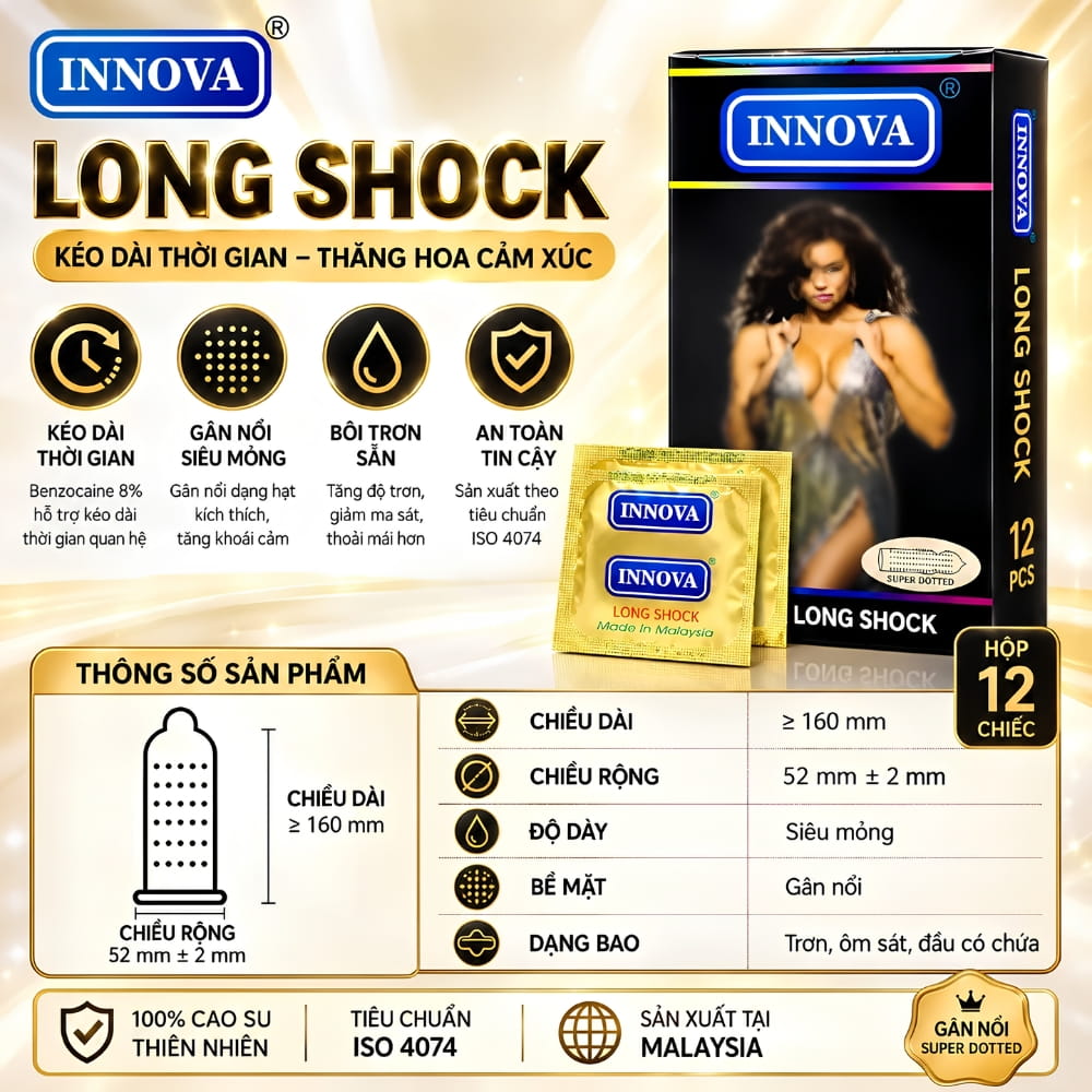 Thông số kích thước và hàm lượng Benzocaine của bao cao su Innova Long Shock