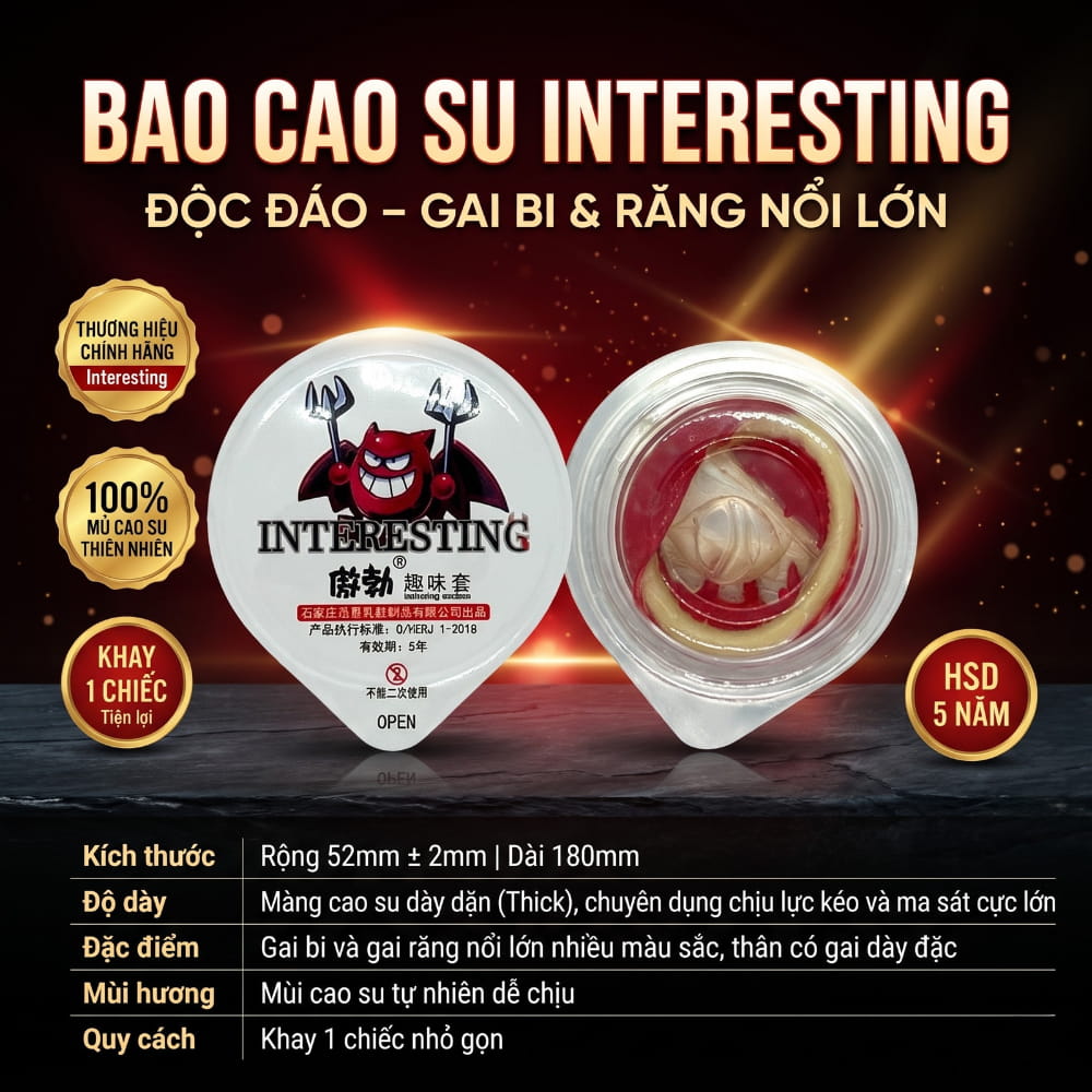 Thông số kích thước size 52mm và thiết kế bi silicon của bao cao su Interesting