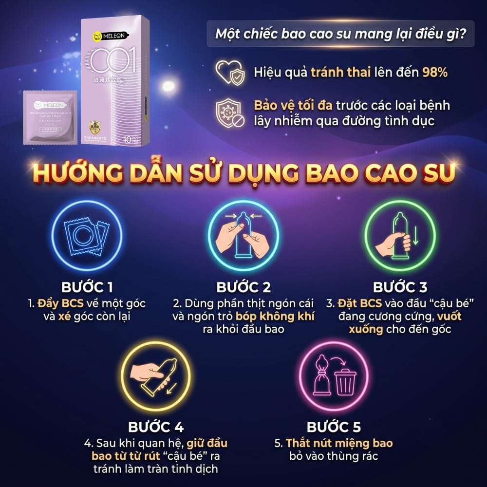 Hướng dẫn sử dụng bao cao su Meleon 001 Romantic Whorl an toàn đúng chuẩn