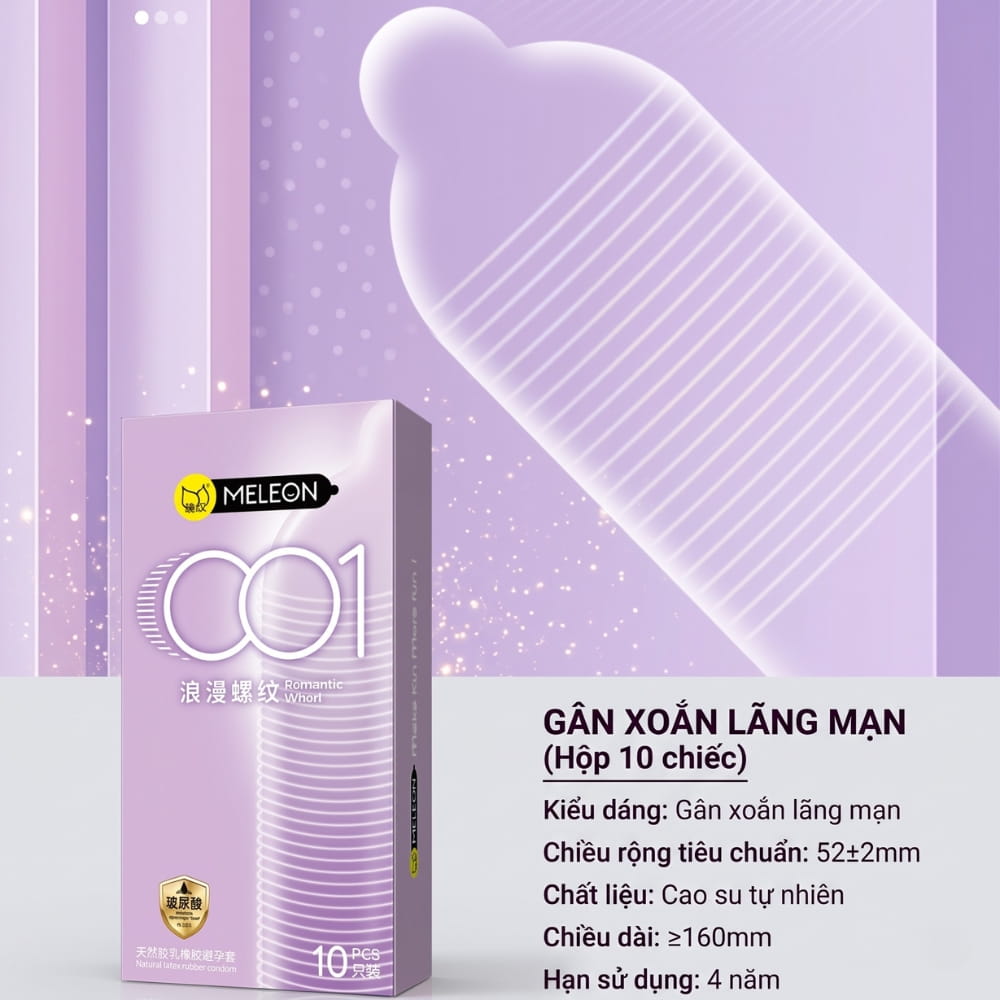 Thông số kích thước size 52mm và cấu trúc gân xoắn của bao cao su Meleon 001 Romantic Whorl