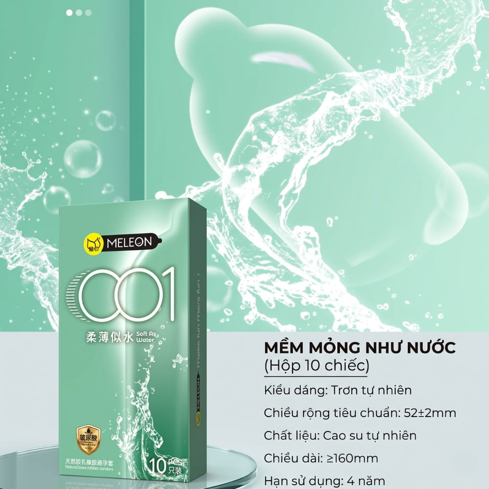 Thông số kích thước size 52mm và độ mỏng 0.01mm của bao cao su Meleon 001 Soft As Water