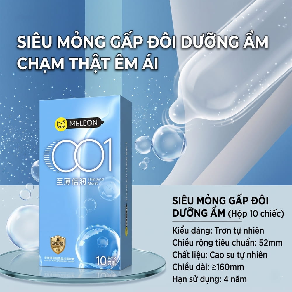 Thông số kích thước size 52mm và độ mỏng 0.01mm của bao cao su Meleon 001 Thin And Moist