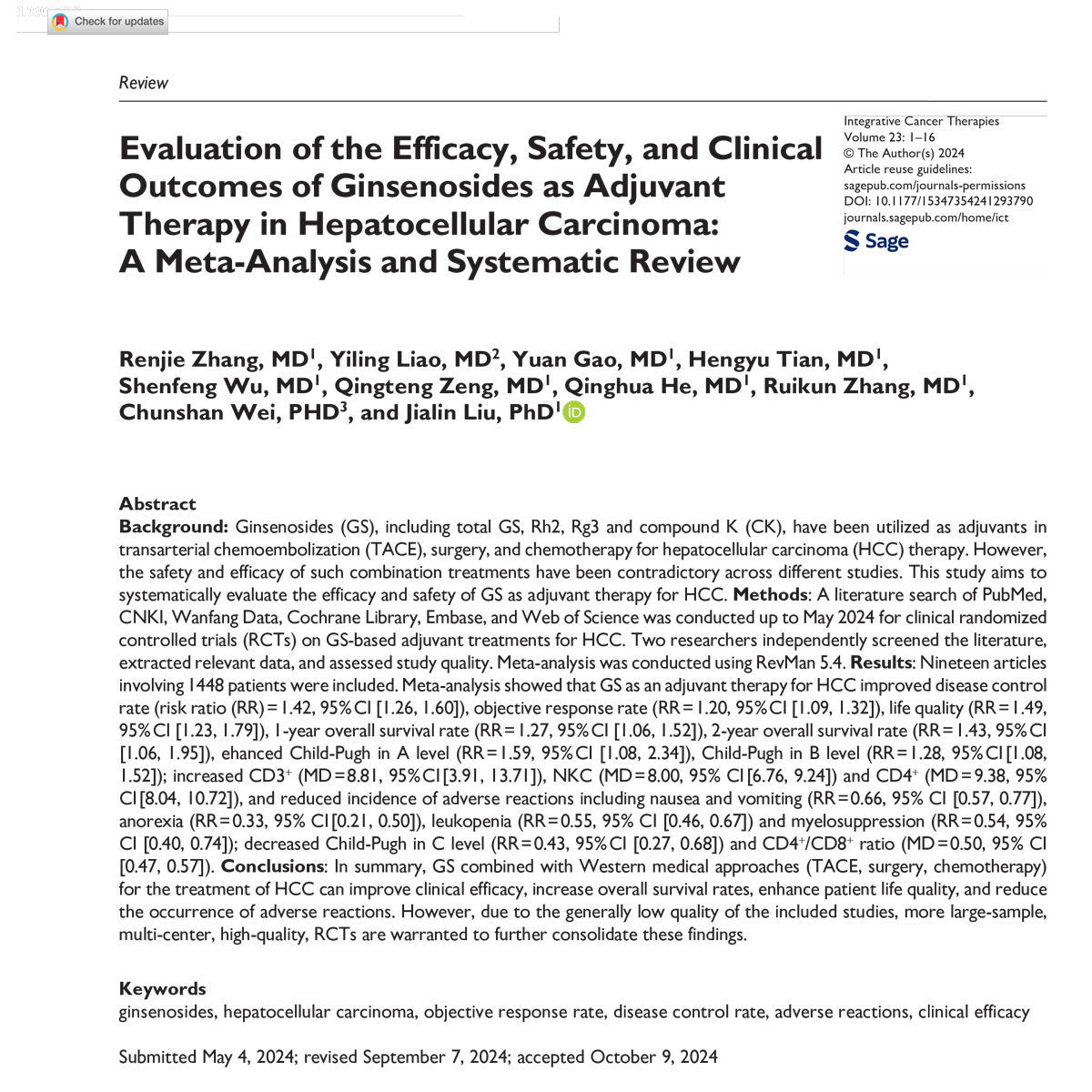 Phân tích, đánh giá hệ thống các thử nghiệm lâm sàng hiệu quả của Rg3 trong điều trị HCC