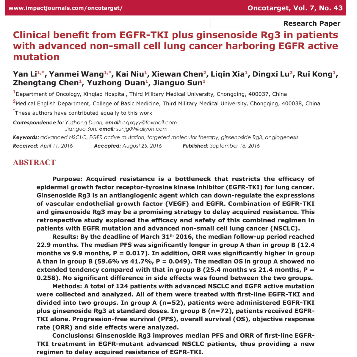 Lâm sàng: EGFR-TKI kết hợp ginsenoside Rg3 ở bệnh nhân K phổi giai đoạn tiến triển