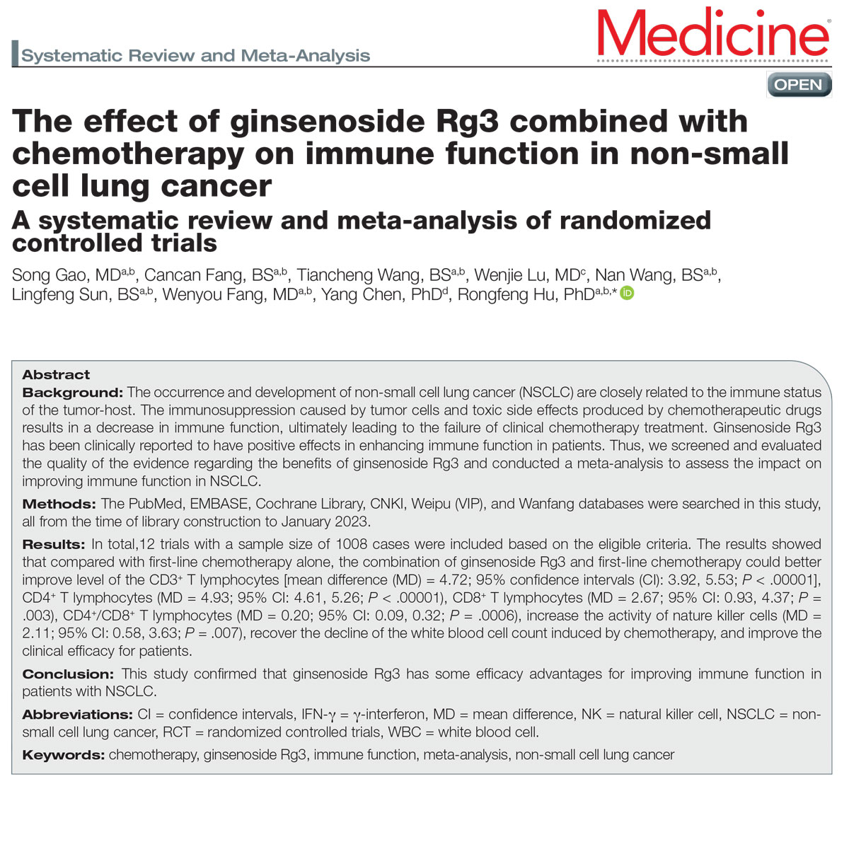 Meta analysis: Ảnh hưởng Rg3 kết hợp với hóa trị lên chức năng miễn dịch của bệnh nhân ung thư phổi không tế bào nhỏ NSCLC