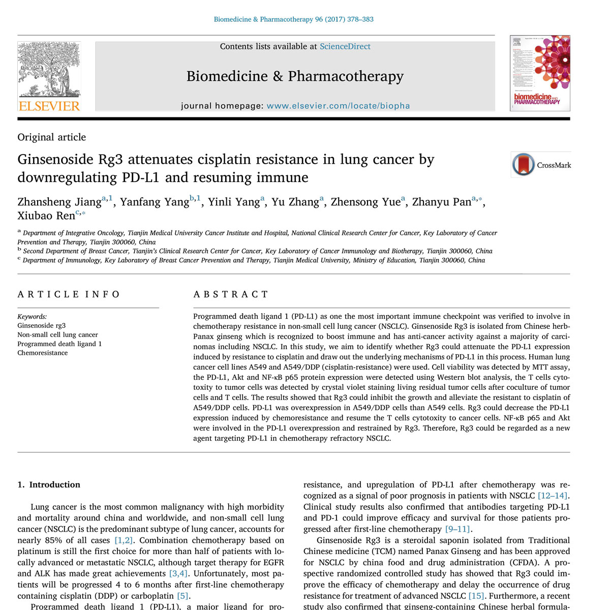 Rg3 làm giảm kháng thuốc của NSCLC với cisplatin bằng cách ức chế PDL1