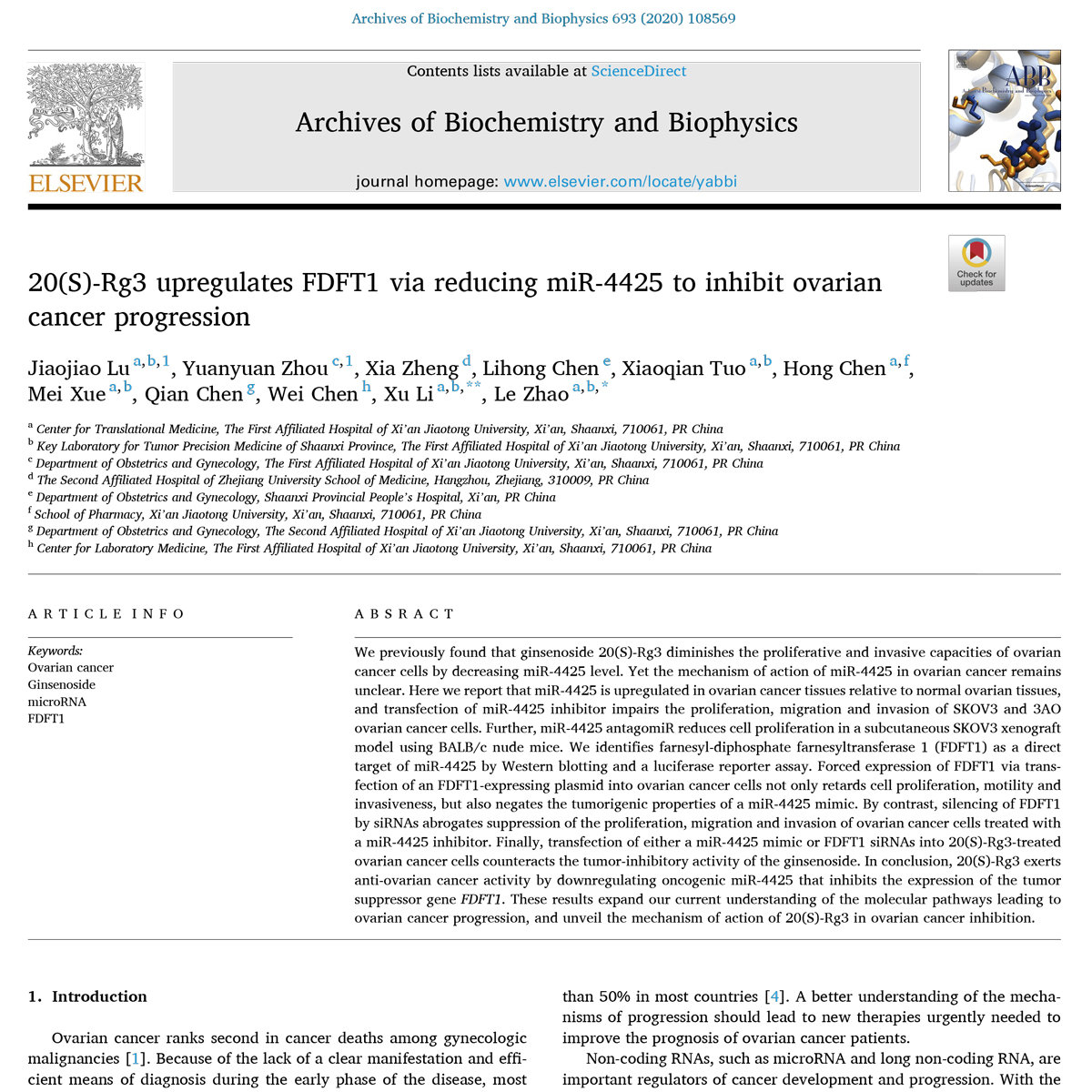 cơ chế chống ung thư buồng trứng của Ginsenoside 20(S)-Rg3 thông qua tác động đến microRNA và gen ức chế khối u