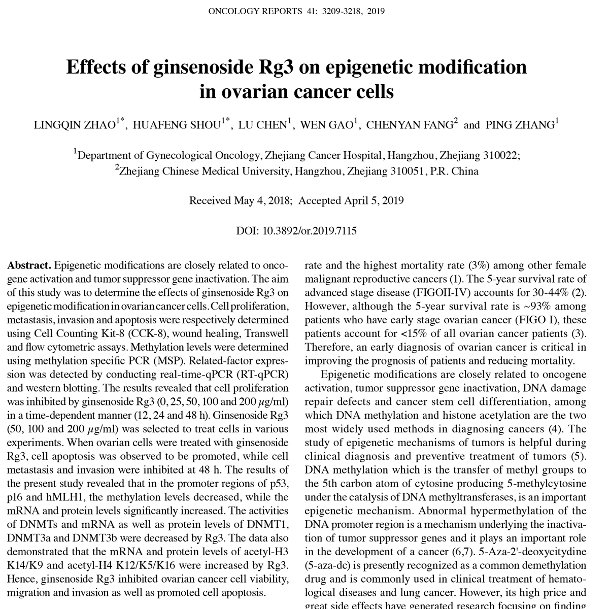 Tác dụng của Ginsenoside Rg3 đối với sự điều chỉnh biểu sinh (epigenetic modification) trong ung thư buồng trứng