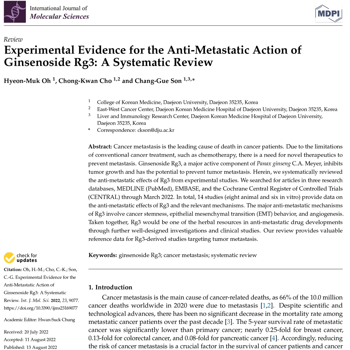 Đánh giá tác dụng của Ginsenoside Rg3 trong việc ức chế di căn ung thư