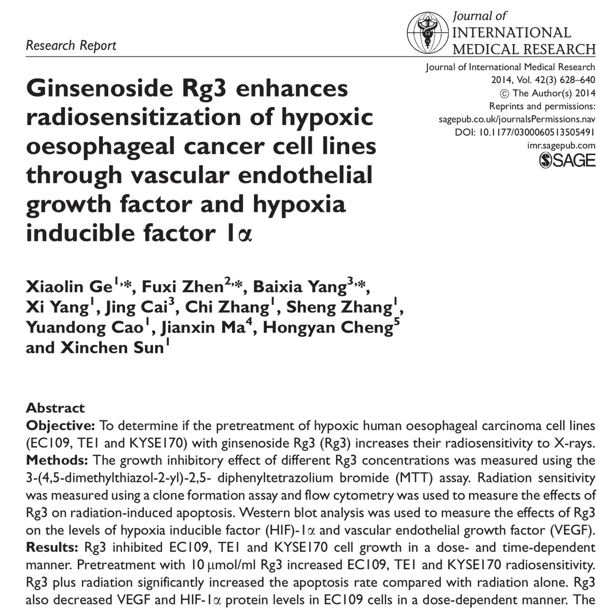 Ginsenoside Rg3 giúp tăng cường độ nhạy xạ trị trên các tế bào ung thư thực quản