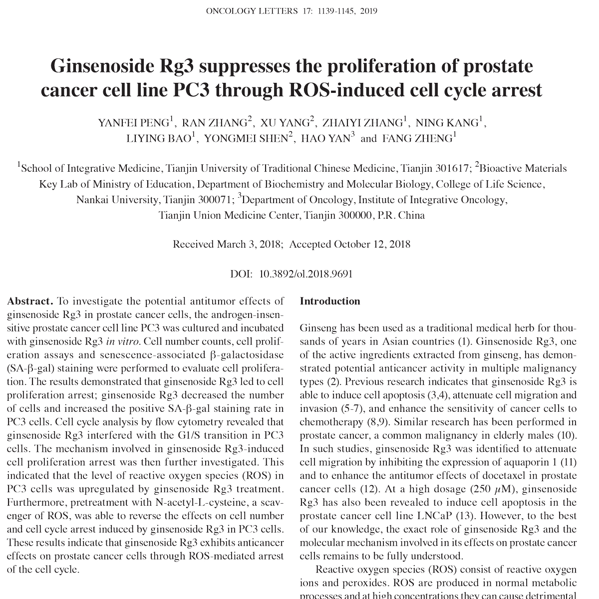 Tác động của Ginsenoside Rg3 đối với sự tăng sinh của tế bào ung thư tiền liệt tuyến PC3