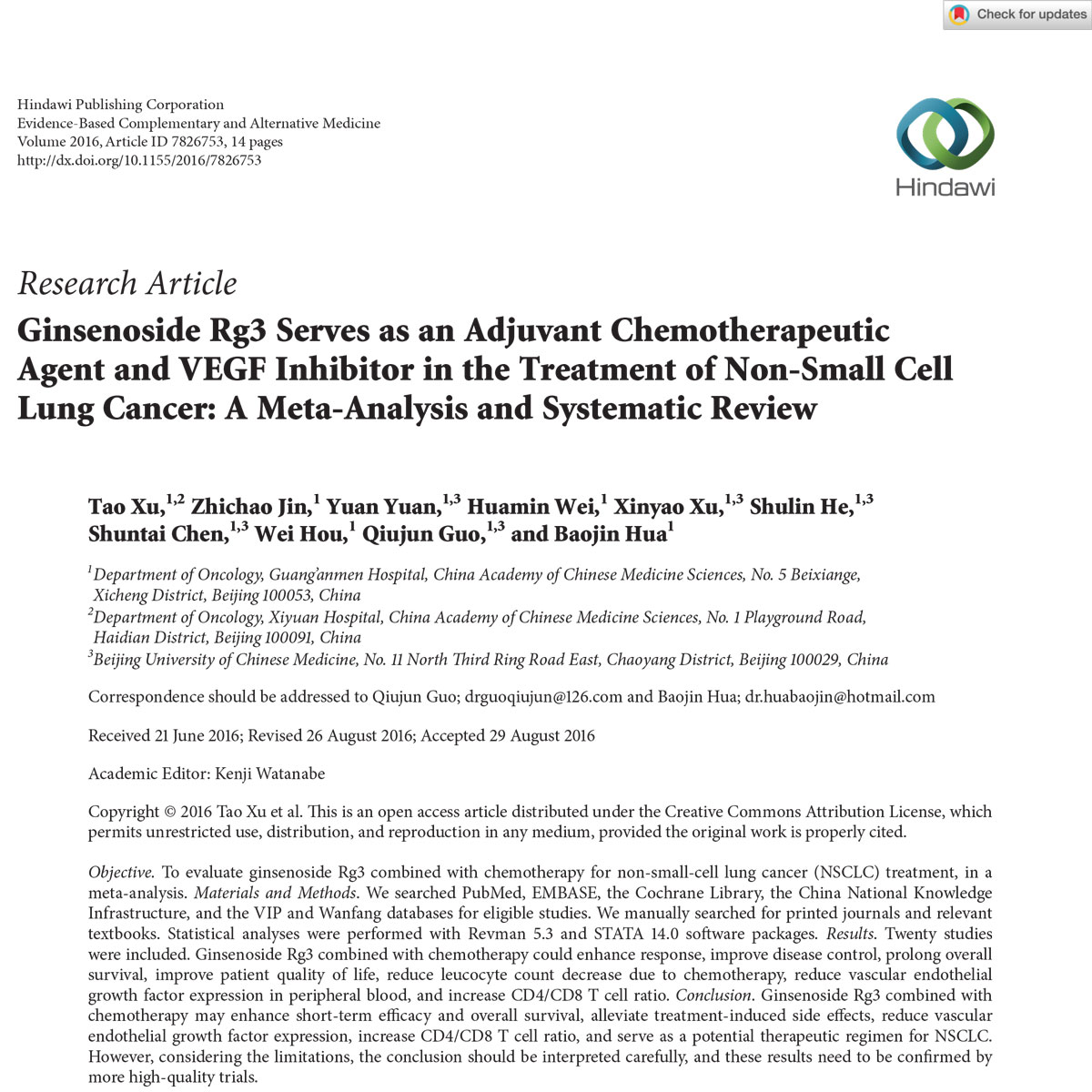 Meta-analysis: Hiệu quả của ginsenoside Rg3 kết hợp với hóa trị trong điều trị NSCLC