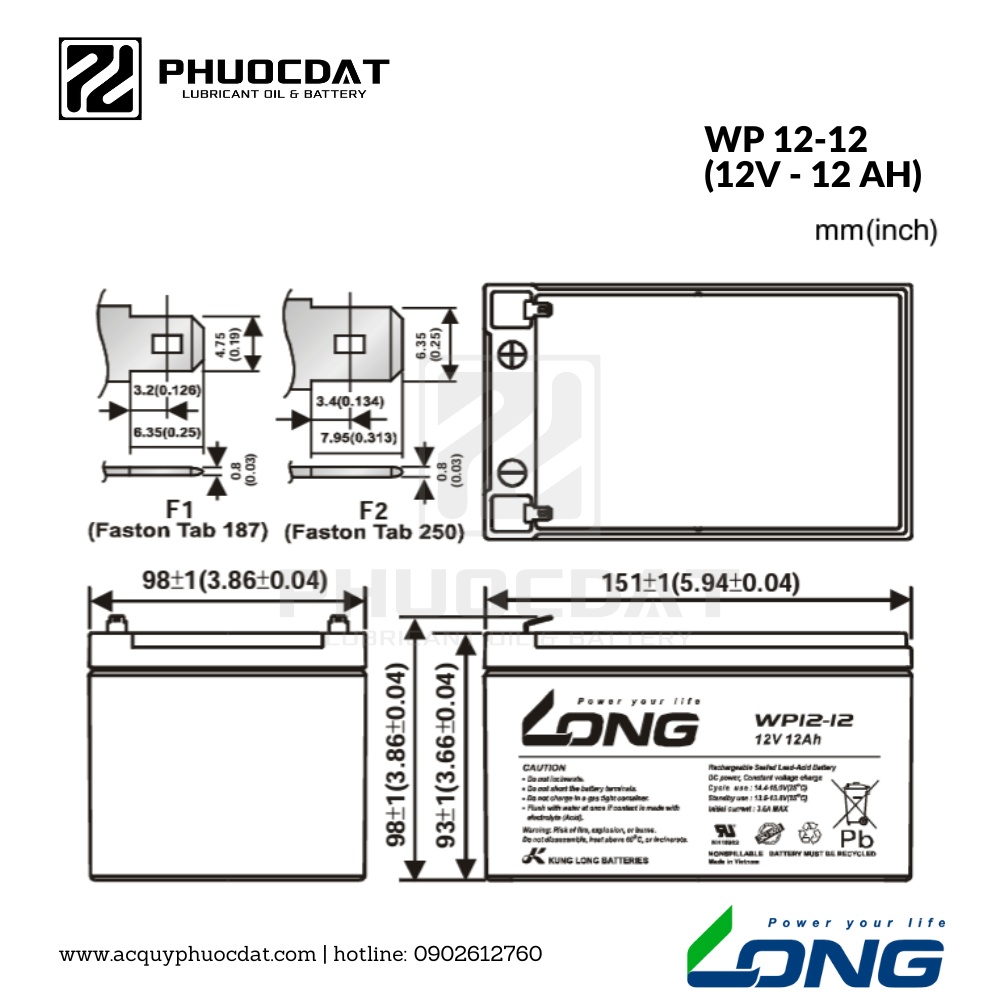 Ắc quy Long - Globe 12V 12AH WP12-12, ắc quy cho xe đạp điện, UPS, thang máy