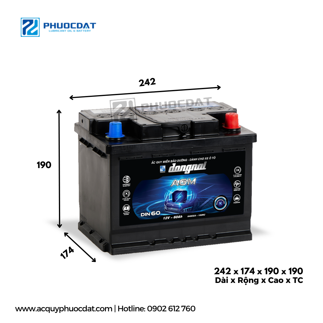 Ắc Quy Khô Đồng Nai AGM DIN60 12V 60AH - Công Nghệ Start Stop Cao Cấp