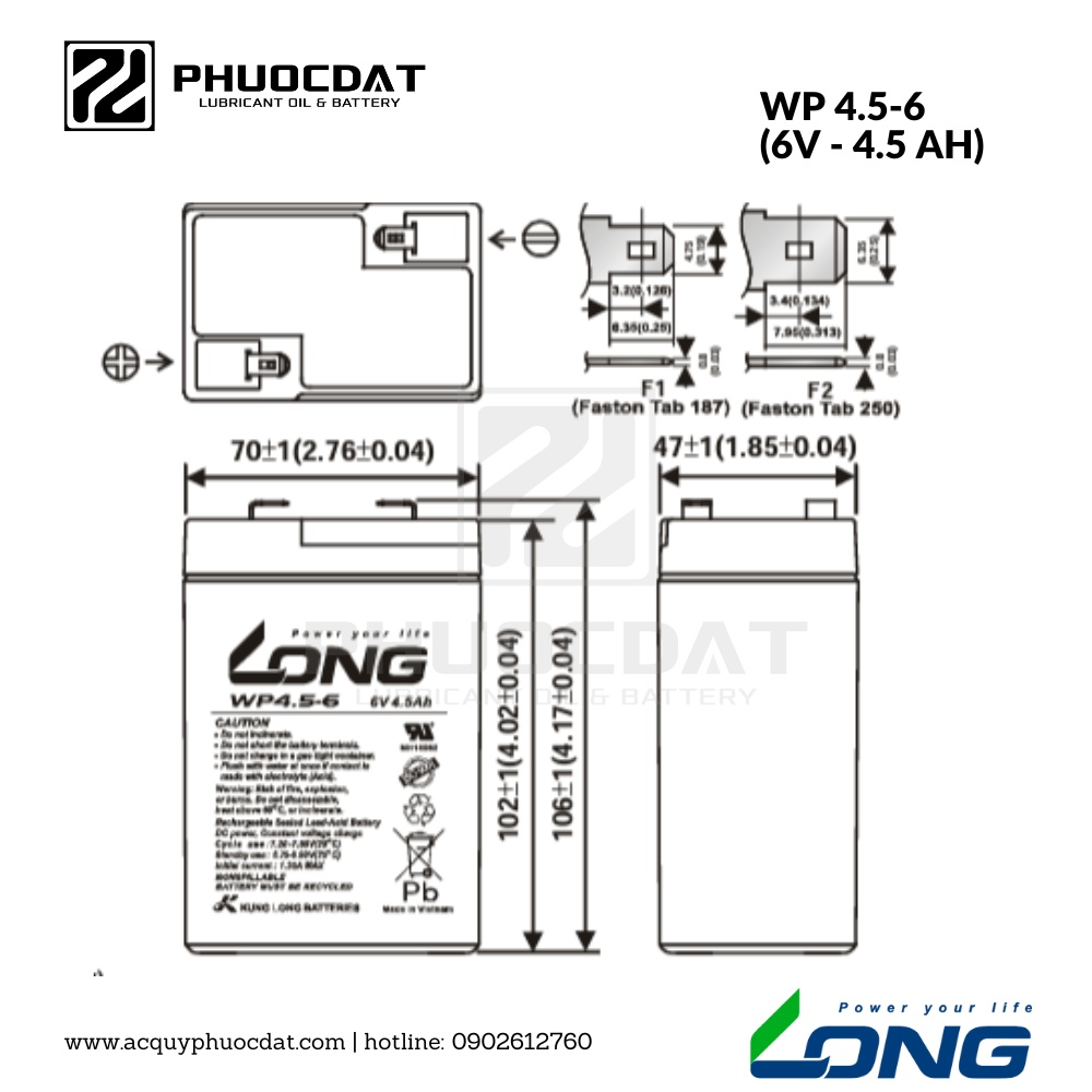 Ắc quy Long - Globe 6V 4.5AH WP4.5-6 ắc quy lưu điện, cửa cuốn, hệ thống camera, UPS