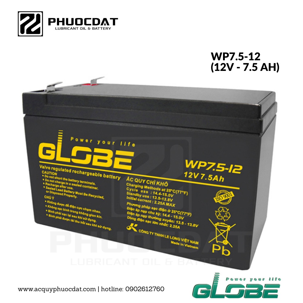 Ắc quy Long - Globe 12V 7.5AH WP7.5-12 ắc quy lưu điện, cửa cuốn, hệ thống camera, UPS