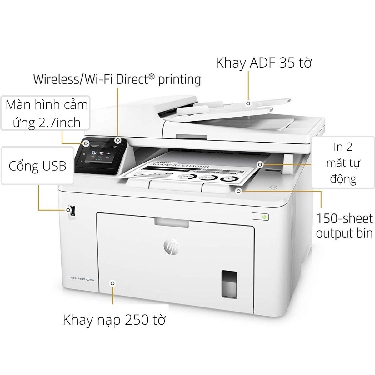 Máy in HP LaserJet Pro MFP M227fdw, A4 đen trắng, Đa chức năng, In hai mặt tự động, khay ADF, USB, Wifi, Ethernet