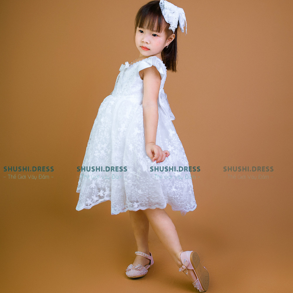 Váy đầm công chúa bé gái váy tiểu thư trắng viền nhũ xinh yêu cột nơ