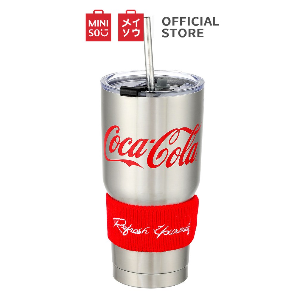 Bình nước inox có ống hút Coca Cola 850ml Miniso