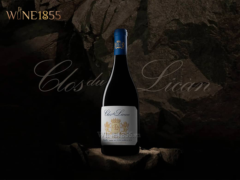 Chai rượu vang Clos du Lican đặt trên bệ đá tự nhiên phong cách nghệ thuật