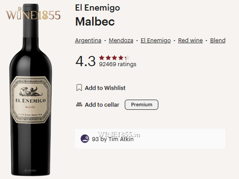 Đánh giá điểm số Vivino 4.3 sao và Tim Atkin 93 điểm của El Enemigo Malbec