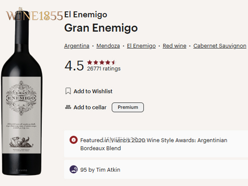 Đánh giá điểm số và xếp hạng vang Gran Enemigo trên Vivino