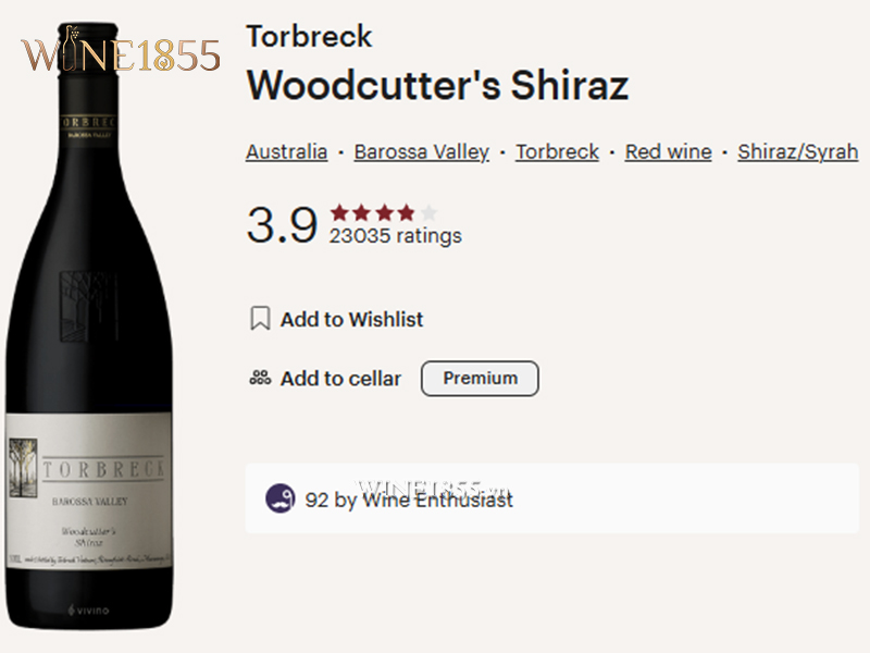 Đánh giá điểm số và xếp hạng của Torbreck Woodcutter's Shiraz