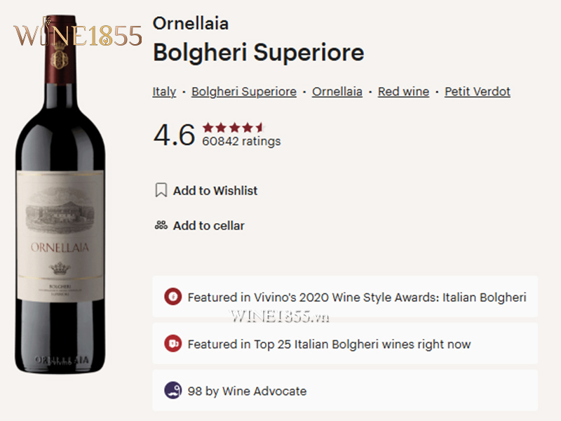 Đánh giá điểm số Vivino và chuyên gia của Ornellaia Bolgheri Superiore