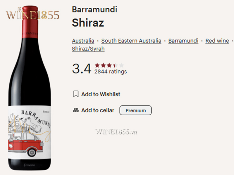 Ảnh chụp đánh giá điểm số và thông tin rượu Barramundi Shiraz trên Vivino