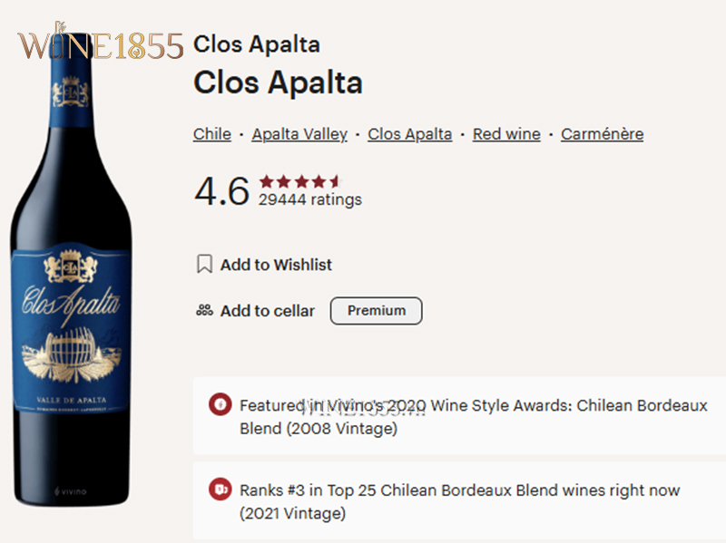 Bảng đánh giá chất lượng và điểm số Vivino của Clos Apalta